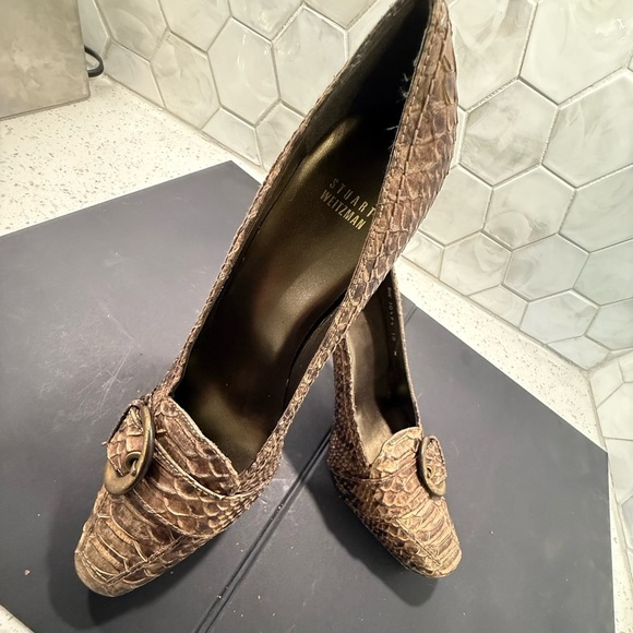 Stuart Weitzman Python Pumps Brown Snakeskin Buckle Leather High Heels Size 10 - Picture 7 of 12
